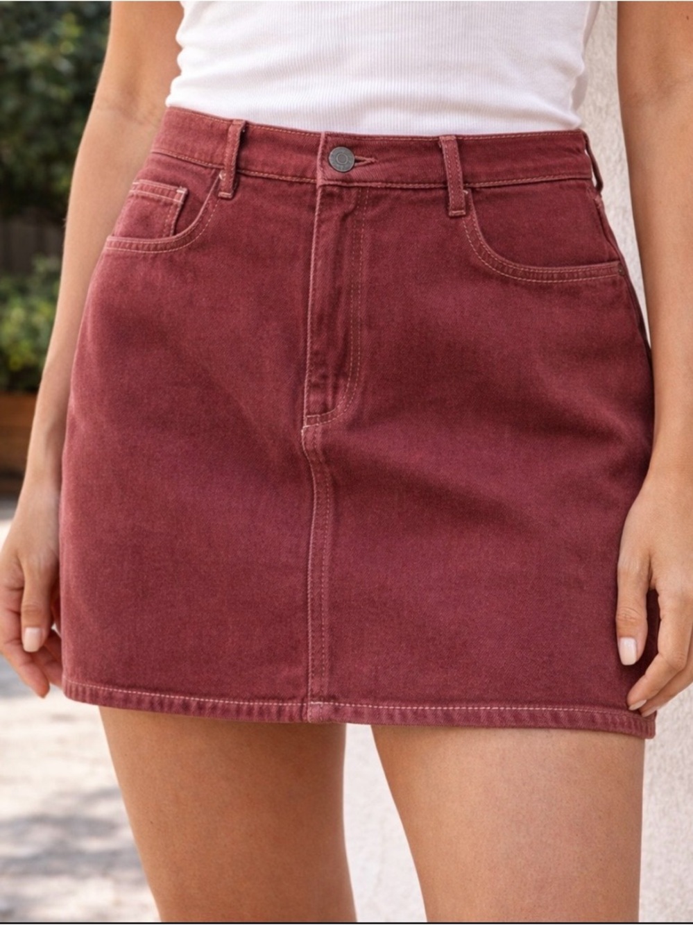 Wilfred Free Aritzia Dusty Burgundy Denim Mini Skirt High Rise Size 10